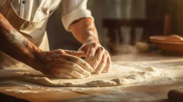 chef flour cook hands pastry food knead kitchen dough baker. Generative AI. photo