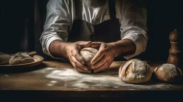 pastry dough food chef hands flour knead baker cook kitchen. Generative AI. photo