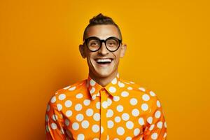 Man trendy style fashion background silly adult smiling polka dots hipster concept attractive crazy business photo