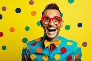 Hipster man trendy fashion polka style crazy fun casual dots smiling background guy caucasian retro concept white photo
