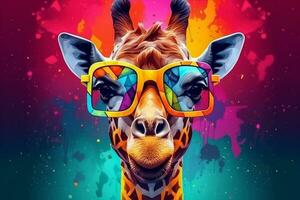 zoo africa sunglasses giraffe neck wildlife portrait animal colorful mammal. Generative AI. photo