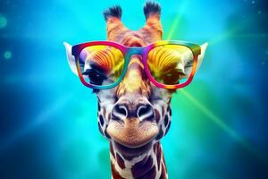 portrait mammal sunglasses colorful zoo africa giraffe neck wildlife animal. Generative AI. photo