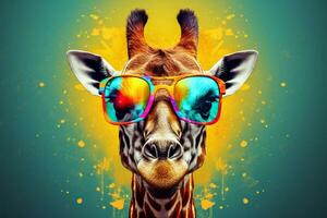 zoo sunglasses giraffe colorful animal wildlife africa mammal neck portrait. Generative AI. photo