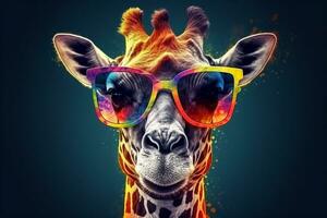 colorful zoo sunglasses mammal portrait animal giraffe wildlife africa neck. Generative AI. photo