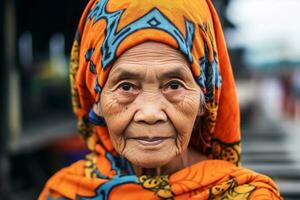 ethnic woman face culture asian female tribe portrait old traditional smile. Generative AI. photo