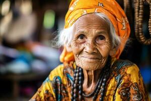 asian woman culture tribe senior traditional portrait ethnic old face smile. Generative AI. photo