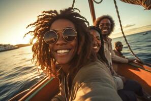 women boat friends yacht lifestyle summer happy young cheerful trip joy. Generative AI. photo