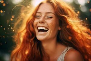 beauty woman female face smile red young portrait happy freckles hair. Generative AI. photo