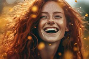 woman freckles portrait joy red happy young hair face beauty smile. Generative AI. photo