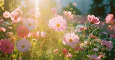 Floral sunny background pink flower field spring summer gardening nature plant photo