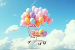 Sale commerce shopping concept buy background trolley colorful purchase marketing present basket cart ribbon photo
