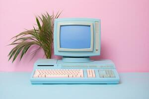Object monitor retro technology blue pink office computer digital cyberspace concept photo