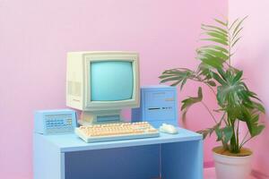 Retro technology lifestyle concept digital laptop cyberspace monitor white blue office computer pink photo