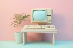 Blue blank technology office retro digital concept computer pink cyberspace laptop view monitor photo
