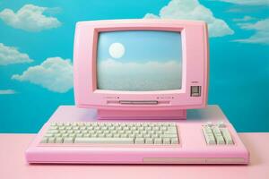 Pink office computer monitor technology retro desktop concept blue cyberspace digital photo