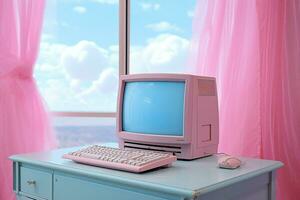 Pink concept computer technology digital notebook design monitor flower retro office blue cyberspace photo