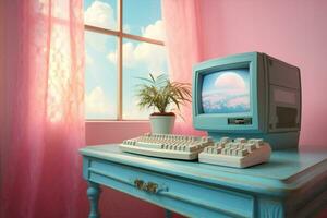 Digital computer concept technology view office retro monitor cyberspace pink blue photo