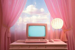 Retro computer blue office technology monitor concept cyberspace digital pink photo