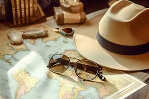 Map hat concept voyage sunglasses vintage wood trip summer holiday traveler journey vacation photo