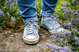 grass woman white female green spring sneakers fashion flowers field lifestyle. Generative AI. photo