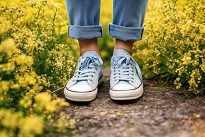 woman grass lifestyle person green spring fashion sneakers flowers white female. Generative AI. photo