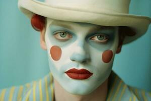Arte mujer hombre europeo cara payaso ventilador pintar belleza retrato rojo circo hembra mímica ojo foto