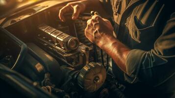 person car adult mechanic horizontal workshop repair service engine men working. Generative AI. photo