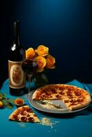 Dinner pizza bottle wine cheese alcohol food drink love glass photo