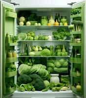 Fresh drink vegetarian refrigerator broccoli apple kitchen lettuce healthy fridge diet green food photo