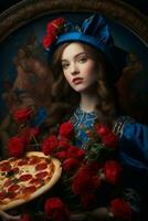 Woman food tasty dinner drink pizza photo