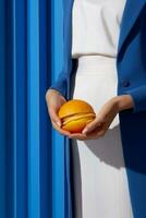 Hand woman concept blue lifestyle meal burger tasty hamburger art fast closeup yellow photo