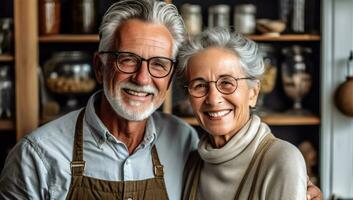 retired loving together cafe old couple happy senior kitchen elderly. Generative AI. photo