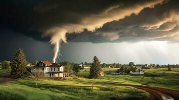 Tornado in stormy landscape, thunder storm, climate change, natural disaster, Generative AI illustration photo