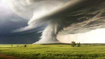 Tornado in stormy landscape, thunder storm, climate change, natural disaster, Generative AI illustration photo