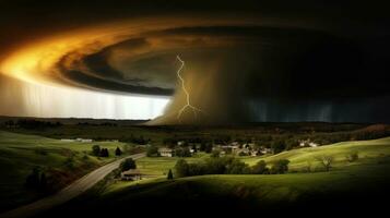 Tornado in stormy landscape, thunder storm, climate change, natural disaster, Generative AI illustration photo