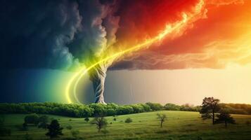 Tornado in stormy landscape, thunder storm, climate change, natural disaster, Generative AI illustration photo