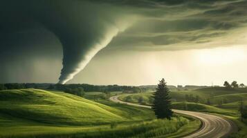 Tornado in stormy landscape, thunder storm, climate change, natural disaster, Generative AI illustration photo