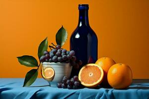 Bottle group vintage orange grapes alcohol blue wine vine drink photo