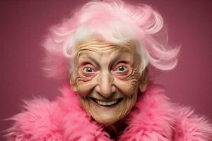adulto mujer moderno contento mayor fiesta antiguo abuela retrato Gafas de sol rosado foto