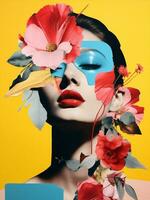 Design woman portrait pop beauty head lips art fashion art flowers concept vintage photo