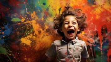 childhood children face portrait paint art joy cheerful happiness fun. Generative AI. photo