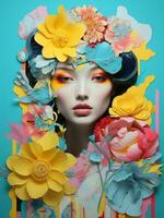 Beauty woman floral flowers art fashion design art concept vintage pop haircut portrait retro photo