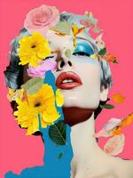 Art woman portrait vintage art pop design fashion flowers concept closeup beauty photo