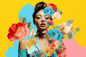 Woman pop art fashion flowers art concept design portrait beauty vintage glamour retro photo