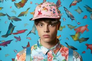 Modern man animal beauty lifestyle flowers dino portrait adult hat fashion cool one concept photo