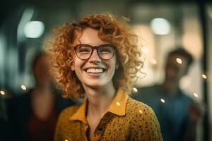 woman curly adult business entrepreneur yellow businesswoman office smile working casual. Generative AI. photo