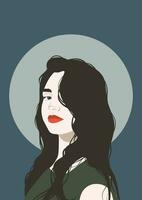 Woman with messy hair and red lips, vector female portrait illustration
