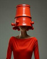 Beauty woman shot fashionable concept vintage dress art standing studio bucket red bouquet photo
