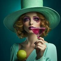 Dress woman vintage glass sensual fashion hat retro makeup beauty drink party pink photo