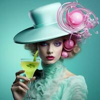 Wine woman vintage lips dress hat retro drink glass caucasian pink party young fashion photo